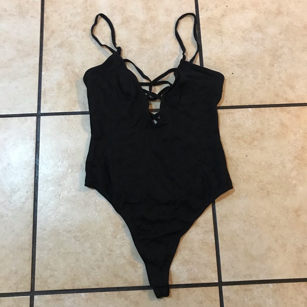 Nasty Gal Black Bodysuit Open Lace Front/Back XS